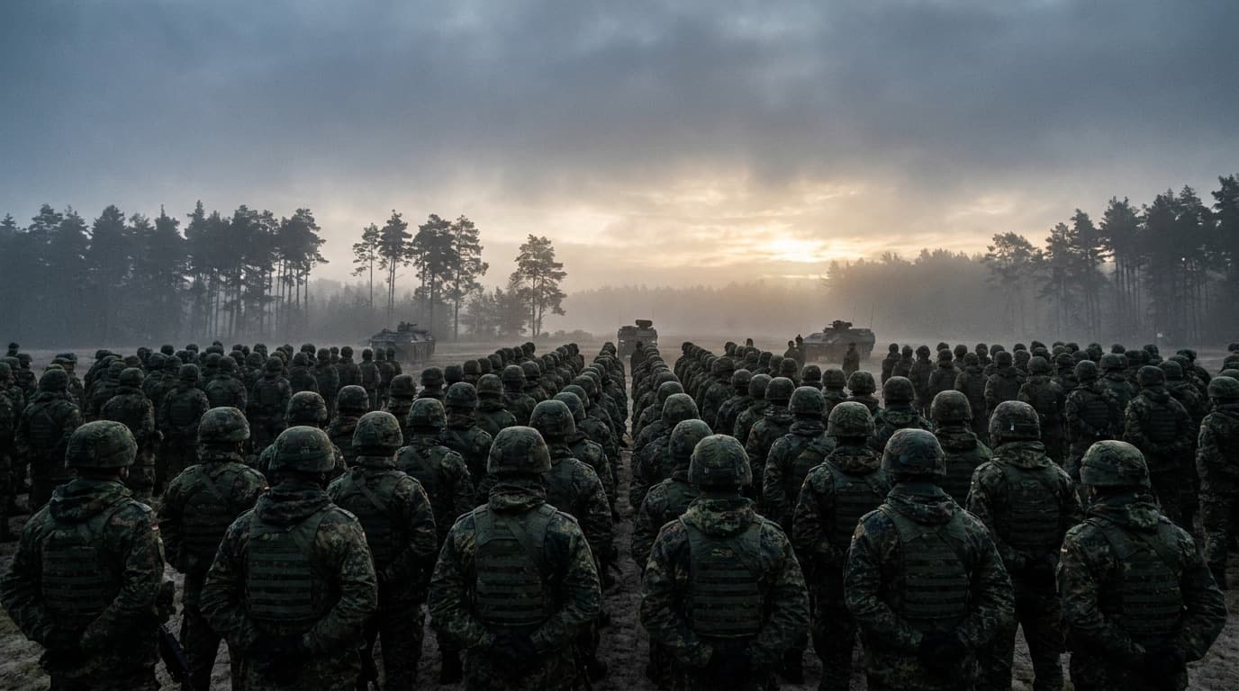 Rekruten in Formation im Morgennebel