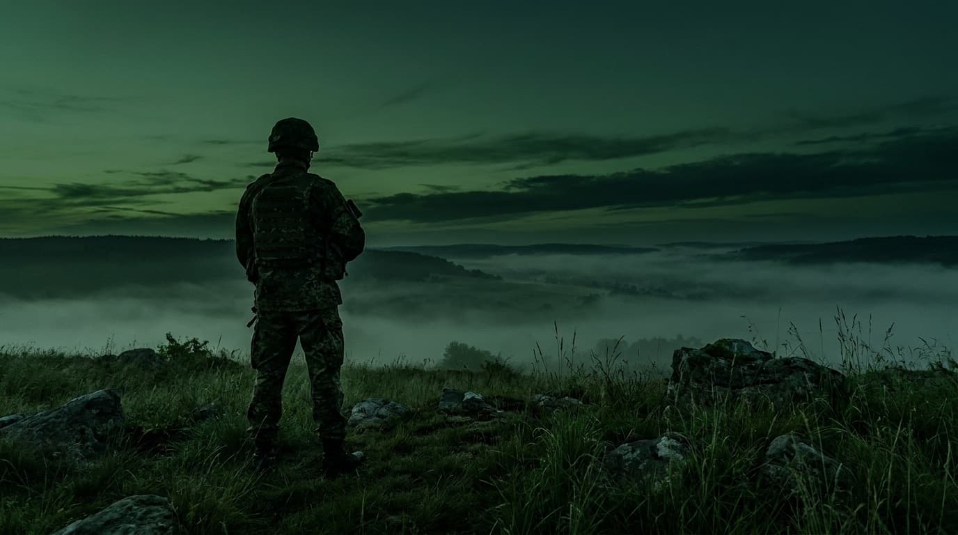 Soldat blickt bei Dämmerung über ein weites Tal