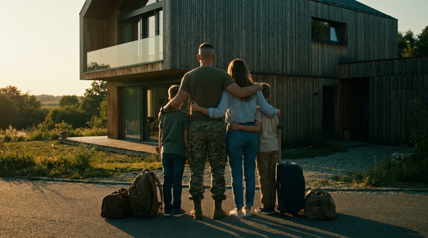 Familie vor ihrem Zuhause im Abendlicht